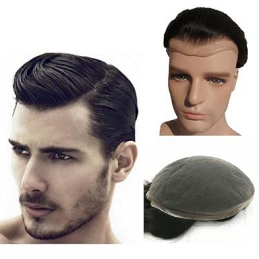 Imagem de N.L.W. Peruca de cabelo humano europeu para homens com renda suíça macia e fina, 25 x 20 cm, sistema de substituição de peças de cabelo liso para homens, nº 1, preto
