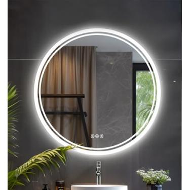 Imagem de LUVODI Espelho de banheiro de LED: espelho circular iluminado de parede retroiluminado redondo de 600 mm com botão de toque inteligente anti-neblina + espelho de barbear de maquiagem com botão de