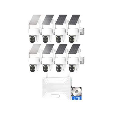 Imagem de AKAVIG Outdoor Solar Power Kit de câmera de segurança de 4MP com áudio bidirecional colorido Visão noturna Detecção de movimento Vigilância externa sem fio Sistema NVR com disco rígido 2T