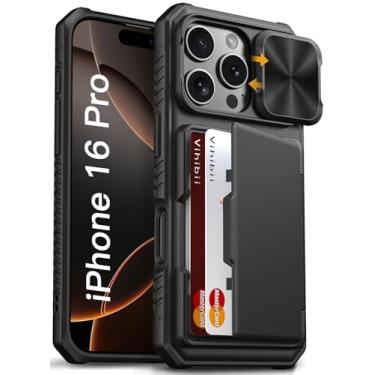 Imagem de Vihibii Capa carteira para iPhone 16 Pro com suporte para cartão (4 cartões) [bloqueio RFID] e capa de câmera deslizante, proteção contra quedas de nível militar, traseira rígida robusta e borda de