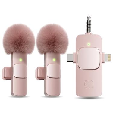 Imagem de Microfone de lapela 3 em 1 sem fio para iPhone, iPad, Android, câmera, mini microfone, bateria de 7 horas, qualidade de som de alta definição para entrevistas, podcasts de vídeo, vlog (rosa)