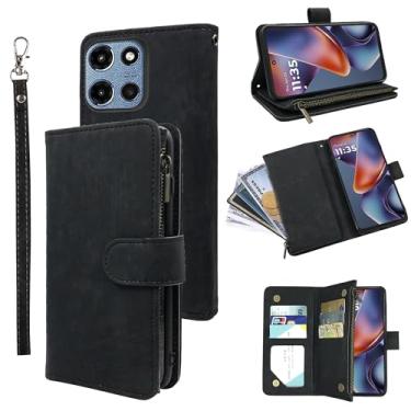 Imagem de Dibosom Capa carteira para Motorola Moto G 5G 2025 com cordão de pulso e suporte de cartão de crédito flip de couro vintage premium acessórios para celular G5G 5 G G5 feminino masculino preto