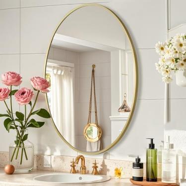 Imagem de JENBELY Espelho oval dourado para banheiro, espelho oval de banheiro de 55 x 76 cm com moldura de metal escovado, espelho decorativo de parede para banheiro, sala de estar, entrada