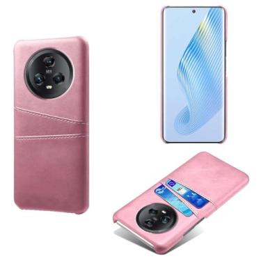 Imagem de Capas Compatível com Honor Magic 5,Caso de couro PU-Tampa de telefone a prova de choque com 2 slots de cartão,Proteção anti-impressão digital e anti-gota-Pink