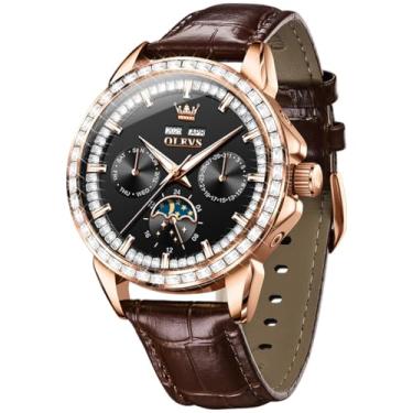 Imagem de OLEVS Relógio masculino de couro esqueleto automático mecânico turbilhão calendário fase da lua luminoso à prova d'água relógio de pulso luxuoso para negócios, 6695: mostrador preto e couro marrom