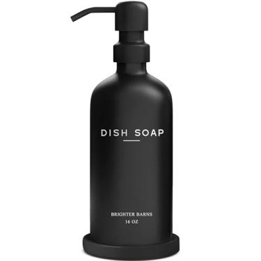 Imagem de Dispensador de sabão de vidro preto para pia de cozinha da Brighter Barns - Conjunto moderno de dispensador de sabão de cozinha com bandeja e bomba de aço inoxidável - Decoração moderna para aluguel