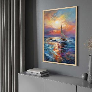 Imagem de Quadro com Moldura Pintura Mar Por do Sol Barco Vertical Decorativo Grande Sala Quarto Hall
