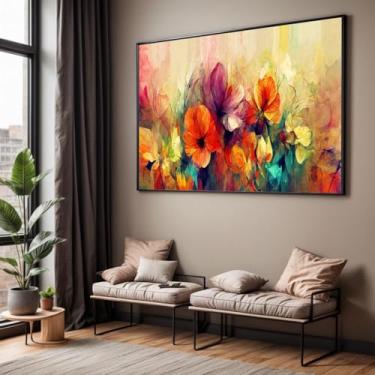 Imagem de Quadro com Moldura Sala Quarto Abstrato Floral Colorido Arte Decorativo Horizontal Grande Hall
