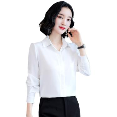 Imagem de Blusas Casuais Femininas Camisas De Cetim De Seda Vintage Hidden Breasted Office Lady Tops Formais, White, XXL