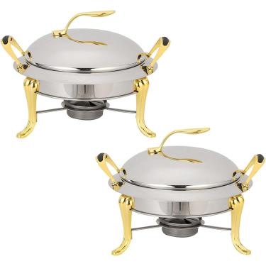 Imagem de Conjunto De Pratos De Aquecimento Em Aço Inoxidável Redondo Tamanho Completo Buffet Servidor Catering Jantar De Casamento Aquecedor De Alimentos Com Tampa De Panelas E Supor, Gold, 2 Pack