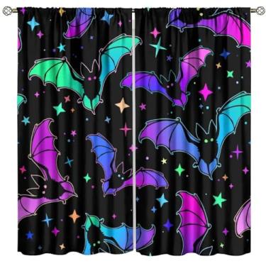 Imagem de Cortinas de Halloween, estampa de estrelas de morcego fofas coloridas, tema mágico gótico para quarto, sala de estar, cozinha, janela, tratamento de 2 painéis, conjunto de 2 painéis, tamanho total 107