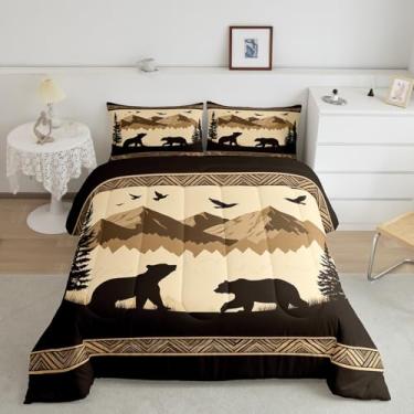 Imagem de meiyoeat Conjunto de edredom queen com urso, rústica, cabana rústica, para crianças, meninos, meninas, boêmio, asteca, decoração de quarto de animais selvagens, microfibra, 3 peças com 2 fronhas