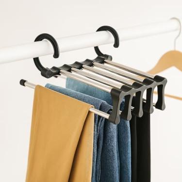Imagem de Cabide Para Calças Multiuso 5 Divisórias Retrátil Aço Inox Organização de Guarda Roupa Vertical e Horizontal Economiza Espaço Suporta 5kg Camisas Gravatas Cachecóis Toalhas Antiamassado