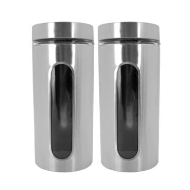 Imagem de Kit Jogo Com 2 Potes Grandes 1,3L Porta Mantimentos De Inox Com Visor De Vidro Fechamento Hermético Resistente Ideal Para Organização Cozinha