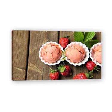Imagem de Impressão em tela de morangos e sorvete frutas frescas e cenários reais – Arte de parede vibrante para decoração de cozinha e sala de estar 80 x 144 cm emoldurada