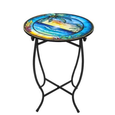 Imagem de Mesa lateral redonda de metal para ambientes internos e externos, mesa redonda de 35 cm, mesa lateral de metal preto resistente ao clima para pátio, varanda, jardim, varanda, quintal, suporte de