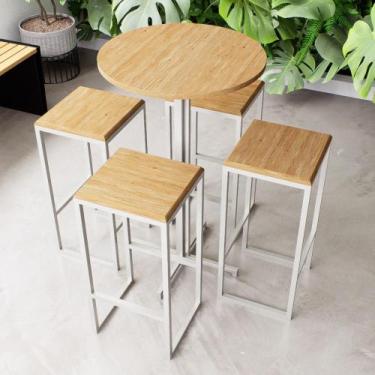 Imagem de Conjunto Mesa Alta Bar Bistrô Redonda Pinus 4 Bancos Industrial White 