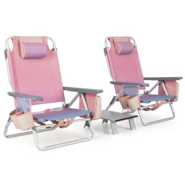 Imagem de GYMAX Cadeiras de praia, mochila de acampamento com apoio de braço, bolsa térmica, suporte de copo, barra de toalha e bolsos laterais, espreguiçadeira de bronzeamento, cadeira dobrável (com mesa, rosa