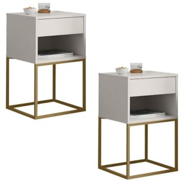 Imagem de Kit 2 Un Mesa de Cabeceira Sofia Estilo Industrial Base Aço 1 Gaveta E 1 Nicho(Off White/Pé Dourado)