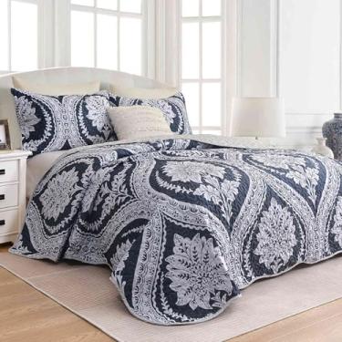 Imagem de Nanko Conjunto de colcha King Size 3 peças, colcha de cama de damasco floral azul marinho branco grande, colcha de cama macia e leve, edredom acolchoado fino boêmio, conjunto de cama feminino e