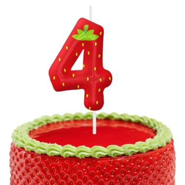 Imagem de Velas de aniversário de morango, decoração de topo de bolo de 6 cm, decorações de aniversário de velas número 4, decorações de bolo de festa de aniversário, suprimentos de festa