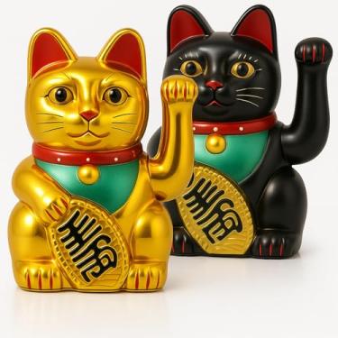 Imagem de Wovnet 2 peças de braço de gato da sorte de 18 cm Maneki Neko Lucky Fortune Cat Fengshui Decoração acolhedora para escritório em casa, restaurante, loja, presentes, decoração operada a bateria