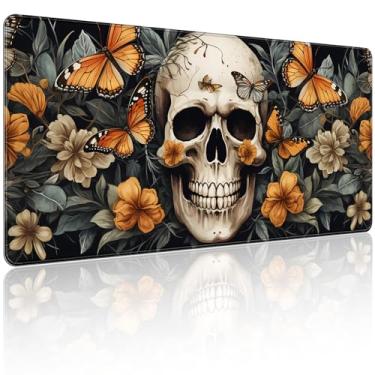 Imagem de 90 x 40 cm, mouse pad grande KOBWOPI XXL para mesa, mouse pad estendido para computador, escritório, mouse pad grande com bordas costuradas, PC-crânio para jogos e flores de borboleta