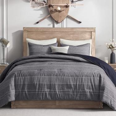 Imagem de Wonderful Conjunto de edredom queen azul marinho com fio tingido de casa de fazenda, de linho, misturado, leve, com fronhas, azul e cinza, para todas as estações