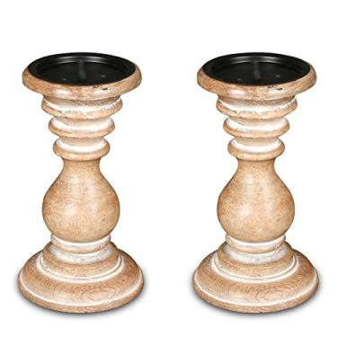 Imagem de Castiçais de madeira (conjunto de 2) - suportes altos de pilar de fazenda, decoração de casa rústica, conjunto de castiçais de madeira antiga estilo vintage - lavagem branca de 20 cm