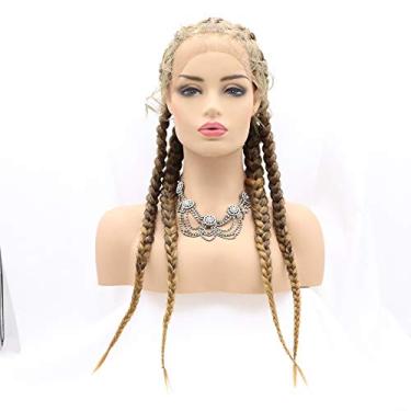 Imagem de Peruca marrom loira sylvia de 61 cm ombré com cabelo de bebê, perucas grandes trançadas de renda sintética frontal com cinco tranças, cabelo de fibra para mulheres