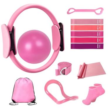 Imagem de yeklike Kit de anéis de Pilates para mulheres - Equipamento de treino doméstico com bola de ioga de 25 cm, 5 faixas de Pilates, círculo mágico, meias antiderrapantes, bolsa de ginástica, para pernas
