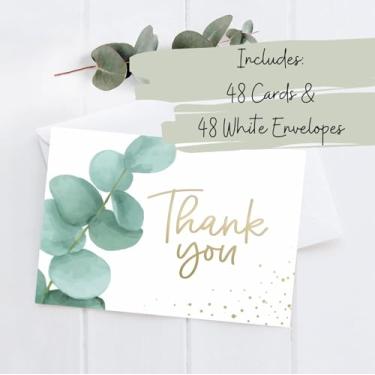 Imagem de STELA & VINE Cartões de agradecimento com envelopes | eucalipto dourado 48 | casamento, chá de panela, chá de bebê, formatura, notas de agradecimento para pequenas empresas, 10 x 15 cm em branco por