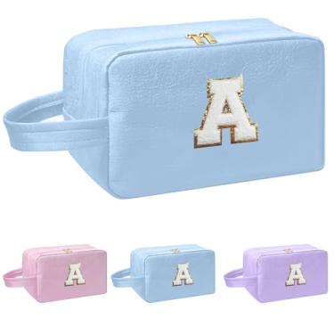 Imagem de I IHAYNER Bolsa de maquiagem inicial para mulheres, presentes de aniversário para meninas de 4, 5, 6, 7, 8, 9, 10, 11, 13, 14 anos, bolsa de cosméticos, bolsa de higiene pessoal, Azul, A