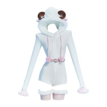 Imagem de Mobbunny Fantasia feminina de ovelha animal fofo com capuz, pijama de uma peça, roupa de dormir para casa com cinto e meias, Branco, M