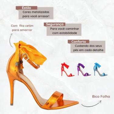 Imagem de Sandália VL Cetim Metalizada Bico Folha Salto Fino 10cm - Vitória Lugo