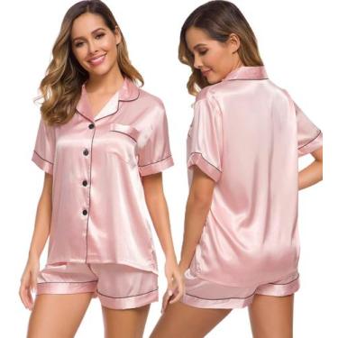 Imagem de Conjunto de pijama feminino SWOMOG, seda, cetim, com botões, rosa saku