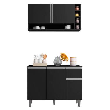 Imagem de Balcão Gabinete de Cozinha e Armário Aéreo Vanessa Preto Fosco - Desk Design