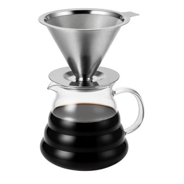 Imagem de Jarra de Vidro com Tampa 600ml + Filtro Coador de Café Inox com Base – Reutilizável, Sem Papel, Ideal para Café Coado Manual Premium