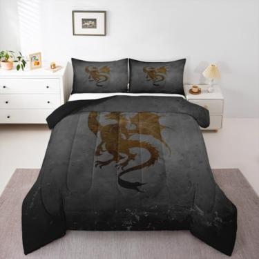 Imagem de Feelyou Conjunto de edredom casal com dragão cinza, para crianças, meninos, meninas, mágica, misteriosa, decoração de quarto de animal, microfibra, 3 peças com 2 fronhas