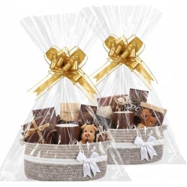 Imagem de Colingmill Pacote com 2 cestas de tecido para presentes, laço de 30 x 20 cm x 12 cm, caixa pequena com sacos de presente e fitas cestas de brinquedo de corda de armazenamento vazio com alça para