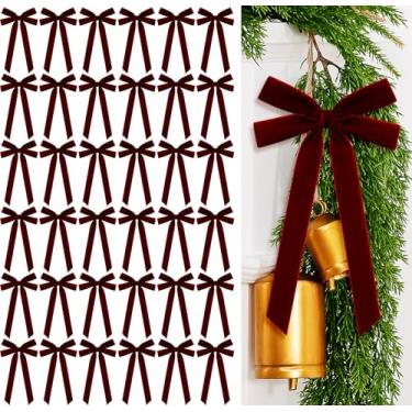 Imagem de Glitinsel 36 laços de fita de veludo, 13 x 26 cm, pré amarrados, bordô, laços de veludo, decorações de árvore de Natal, laço de embalagem de presente para guirlanda de Natal, guirlanda, escada