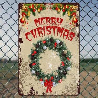 Imagem de Decoração de Natal com design de guirlanda de Feliz Natal, arte de parede de alumínio rústico e placa de metal - 20 x 30 cm, decoração vintage para ambientes internos e externos, para casa, escritório