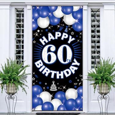 Imagem de PHXEY Faixa de aniversário de 60 anos azul, decoração de feliz aniversário de 60 anos, tecido 60 anos festa de aniversário sinal de quintal adereços de cabine de fotos decoração de pano de fundo de