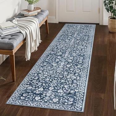 Imagem de SILOLOOM Tapete de corredor vintage lavável 5 x 20 cm, antiderrapante, azul-marinho, tapete de corredor de cozinha, tapete fino de lã sintética impresso para entrada, sala de lavanderia, quarto