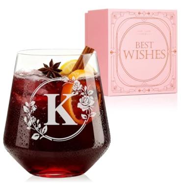 Imagem de Taça de vinho personalizada sem haste – Copos iniciais monogramas gravados personalizados, chá de panela, aniversário, casamento ou presente de noivado para mulheres Her-K