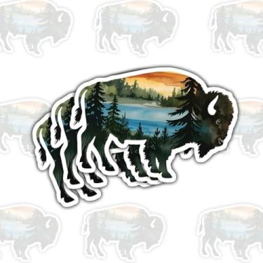 Imagem de 3 adesivos Bison Nature Sunset Stickers, Wildlife Landscape Vinyl Decals para laptop, caderno, diário, garrafa de água, para-choque de carro, presente para entusiastas de atividades ao ar livre