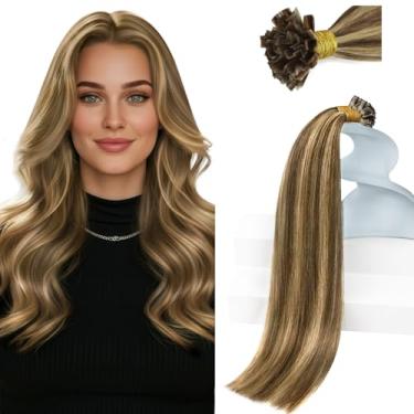 Imagem de Sunny Hair Extensões de cabelo humano Ktip para qualquer ocasião extensões de cabelo com ponta K cabelo humano real castanho médio destaque caramelo loiro fusão extensões de cabelo macio ponta de
