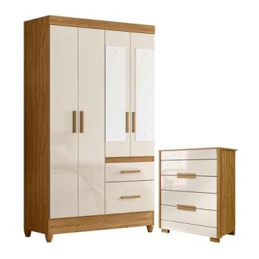 Imagem de Guarda Roupa Solteiro Madri Com Espelho E Cômoda Dhara Freijó Off Whit