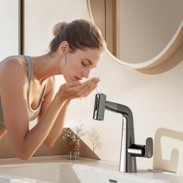 Imagem de Alphabath Torneira de banheiro cinza de três funções, torneiras para pias de banheiro, furo único de alça única, aço inoxidável 304 moderno sem manchas