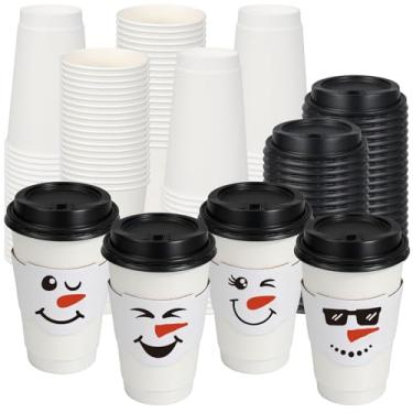 Imagem de Foxtell 100 peças de copos de papel descartáveis de Natal de 473 ml com tampas e mangas de xícara de café, copos de cacau quente com rosto de boneco de neve para bebidas quentes e frias, reuniões de